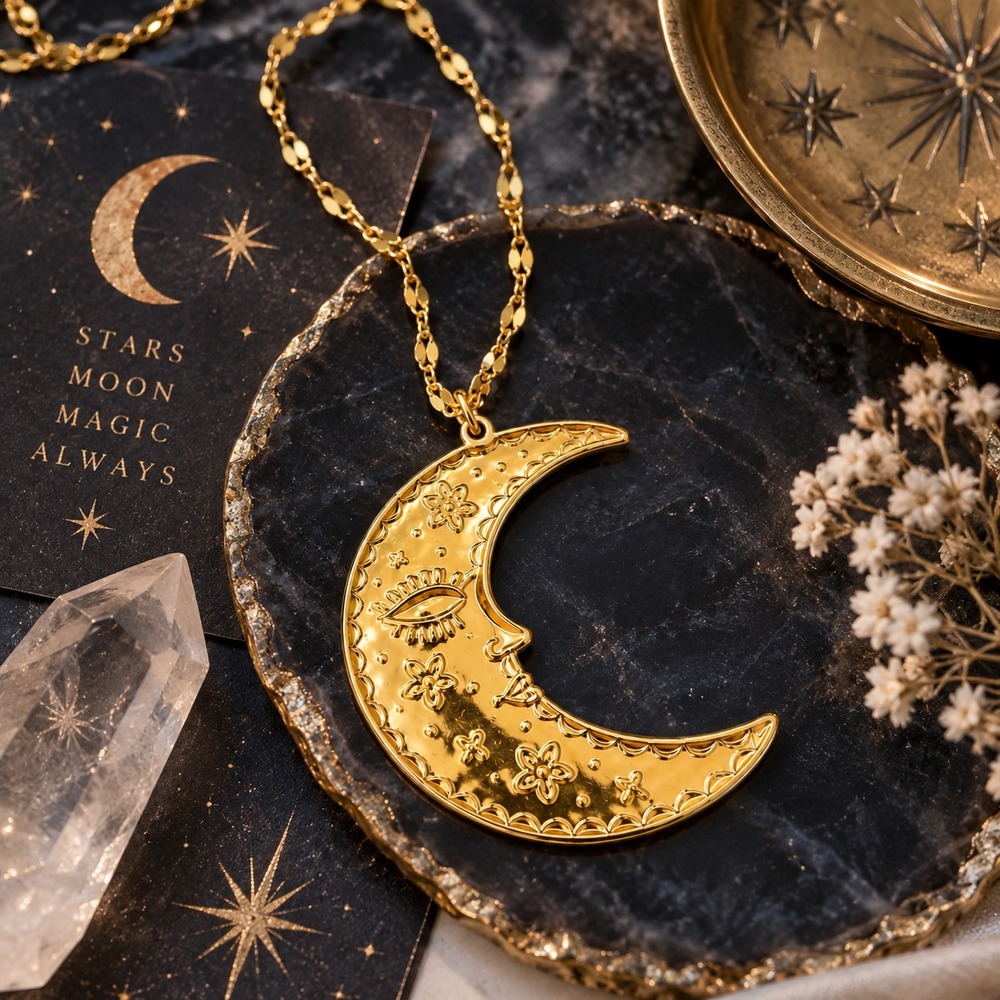 18K Gold Plated Crescent Moon Necklace Stainless Steel Celestial Pendant 20"